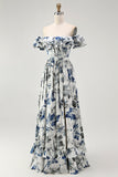 Blue Porcelain Off-Shoulder A-Line Ruffle Print Floral Long Bridesmaid Dress with Slit