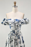 Blue Porcelain Off-Shoulder A-Line Ruffle Print Floral Long Bridesmaid Dress with Slit