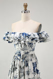 Blue Porcelain Off-Shoulder A-Line Ruffle Print Floral Long Bridesmaid Dress with Slit