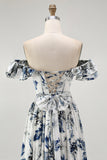 Blue Porcelain Off-Shoulder A-Line Ruffle Print Floral Long Bridesmaid Dress with Slit