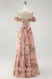 Blush Floral A-Line Off The Shoulder Ruffle Chiffon Long  Bridesmaid Dress with Slit