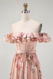 Blush Floral A-Line Off The Shoulder Ruffle Chiffon Long  Bridesmaid Dress with Slit