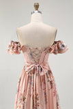 Blush Floral A-Line Off The Shoulder Ruffle Chiffon Long  Bridesmaid Dress with Slit
