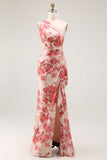 One Shoulder Champagne Floral Burnout Long Wedding Guest Dress with Ruffle Slit