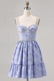 Beaded A Line Spaghetti Straps Brocade Mini Blue Homecoming Dress with Pearls