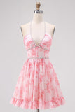 Pink Floral A Line V Neck Halter Corset Homecoming Dress with Lace Up Back