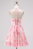 Pink Floral A Line V Neck Halter Corset Homecoming Dress with Lace Up Back