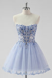 Sparkly Lavender A Line Strapless Beaded Mini Homecoming Dress with Lace Up Back