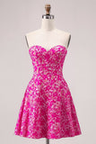 Fuchsia Floral A Line Strapless Mini Homecoming Dress