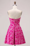 Fuchsia Floral A Line Strapless Mini Homecoming Dress
