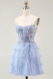 Sparkly Lavender A Line Strapless Tiered Mini Homecoming Dress