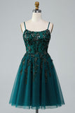 Dark Green A Line Spaghetti Straps Mini Lace Up Homecoming Dress with Sequins