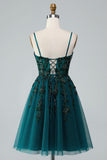 Dark Green A Line Spaghetti Straps Mini Lace Up Homecoming Dress with Sequins