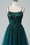 Dark Green A Line Spaghetti Straps Mini Lace Up Homecoming Dress with Sequins