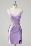 Lilac Tight Spaghetti Straps Corset Homecoming Dress with Slit