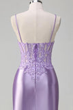 Lilac Tight Spaghetti Straps Corset Homecoming Dress with Slit