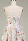 Ivory Flower A-Line Strapless Corset Homecoming Dress with Embroidery