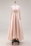 Candy Pink Lace A Line Satin High Neck Long Sleeve Mother of the Bride Dress