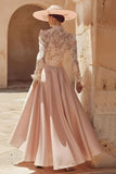 Candy Pink Lace A Line Satin High Neck Long Sleeve Mother of the Bride Dress