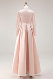 Candy Pink Lace A Line Satin High Neck Long Sleeve Mother of the Bride Dress