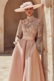 Candy Pink Lace A Line Satin High Neck Long Sleeve Mother of the Bride Dress