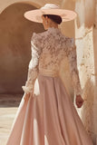 Candy Pink Lace A Line Satin High Neck Long Sleeve Mother of the Bride Dress