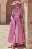 Candy Pink Lace A Line Satin High Neck Long Sleeve Mother of the Bride Dress