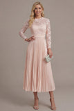 Blush Pink A Line Lace Pleated Midi Mother of the Bride Dress with Long Sleeves