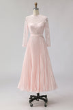 Blush Pink A Line Lace Pleated Midi Mother of the Bride Dress with Long Sleeves