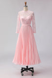 Blush Pink A Line Lace Pleated Midi Mother of the Bride Dress with 3/4 Sleeves