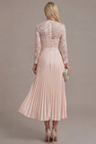 Blush Pink A Line Lace Pleated Midi Mother of the Bride Dress with Long Sleeves