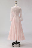 Blush Pink A Line Lace Pleated Midi Mother of the Bride Dress with Long Sleeves