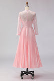 Blush Pink A Line Lace Pleated Midi Mother of the Bride Dress with 3/4 Sleeves