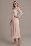 Blush Pink A Line Lace Pleated Midi Mother of the Bride Dress with Long Sleeves