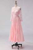 Blush Pink A Line Lace Pleated Midi Mother of the Bride Dress with 3/4 Sleeves