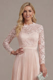 Blush Pink A Line Lace Pleated Midi Mother of the Bride Dress with Long Sleeves