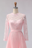 Blush Pink A Line Lace Pleated Midi Mother of the Bride Dress with 3/4 Sleeves