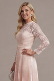 Blush Pink A Line Lace Pleated Midi Mother of the Bride Dress with Long Sleeves