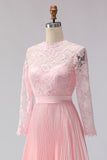 Blush Pink A Line Lace Pleated Midi Mother of the Bride Dress with 3/4 Sleeves