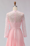 Blush Pink A Line Lace Pleated Midi Mother of the Bride Dress with 3/4 Sleeves