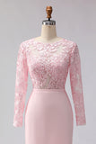 Blush Pink Sheath Appliqued Midi Mother of the Bride Dress with Long Sleeves
