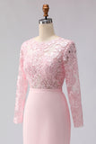 Blush Pink Sheath Appliqued Midi Mother of the Bride Dress with Long Sleeves