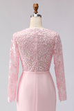 Blush Pink Sheath Appliqued Midi Mother of the Bride Dress with Long Sleeves