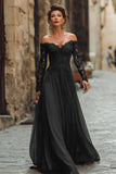 Cabernet A-Line Off The Shoulder Long Mother Of The Bride Dress with Lace Appliques