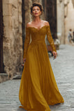 Cabernet A-Line Off The Shoulder Long Mother Of The Bride Dress with Lace Appliques
