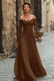 Cabernet A-Line Off The Shoulder Long Mother Of The Bride Dress with Lace Appliques