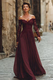 Cabernet A-Line Off The Shoulder Long Mother Of The Bride Dress with Lace Appliques