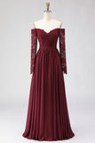 Cabernet A-Line Off The Shoulder Long Mother Of The Bride Dress with Lace Appliques
