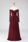 Cabernet A-Line Off The Shoulder Long Mother Of The Bride Dress with Lace Appliques