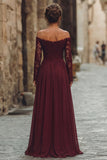 Cabernet A-Line Off The Shoulder Long Mother Of The Bride Dress with Lace Appliques